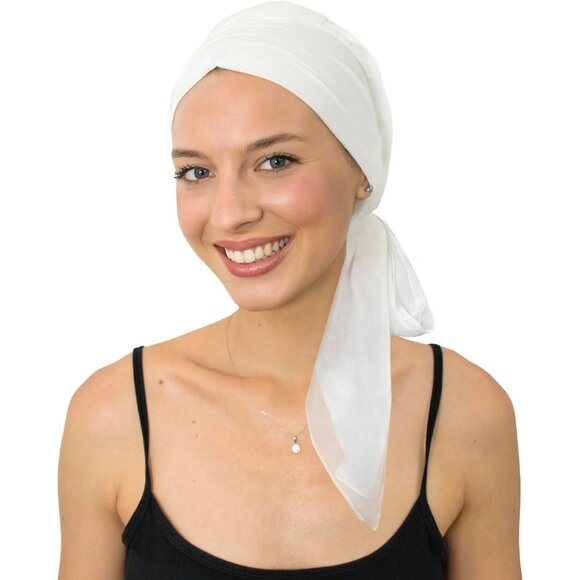 Women’s White Scarf Skull Cap Chemo Headwear Hair Loss Turban